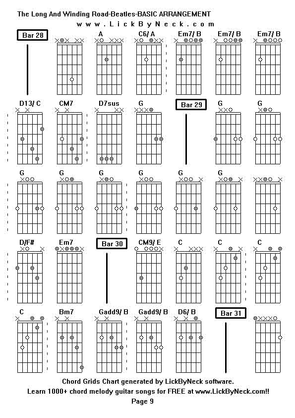 Chord Grids Chart of chord melody fingerstyle guitar song-The Long And Winding Road-Beatles-BASIC ARRANGEMENT,generated by LickByNeck software.